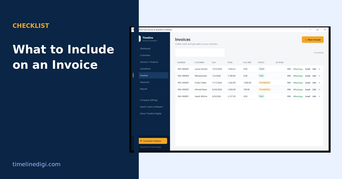 Invoice list with payment status and PDF, WhatsApp and email actions in Timeline Invoice