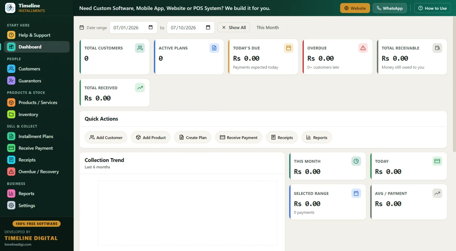 Dashboard showing total receivable, active plans, today's due and overdue for a motorcycle dealership