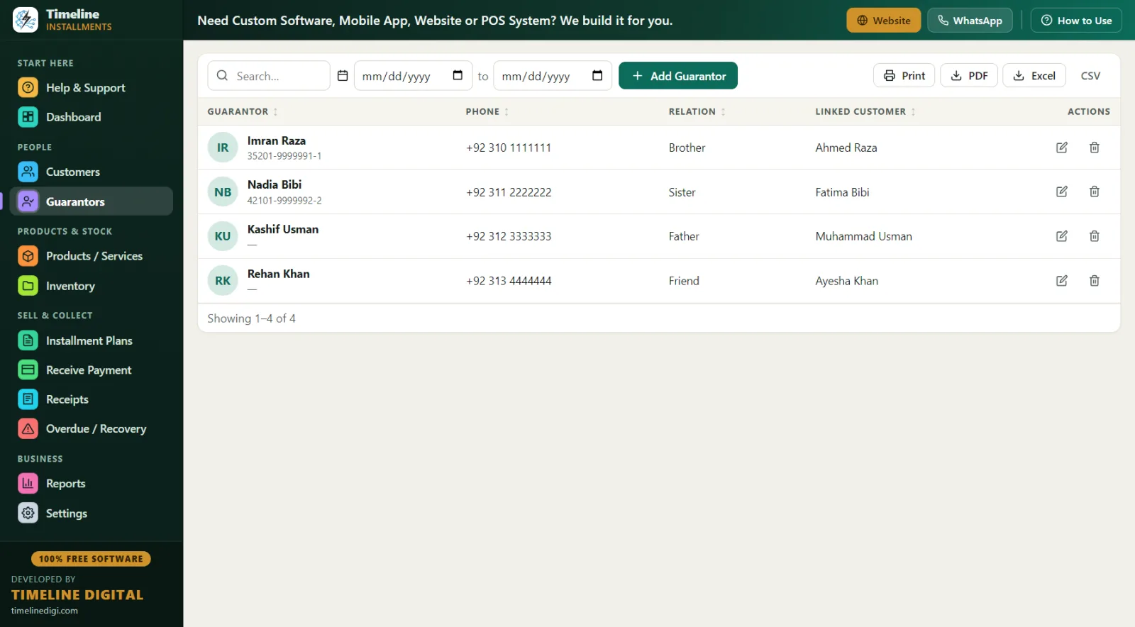 Guarantor records linked to customers and plans
