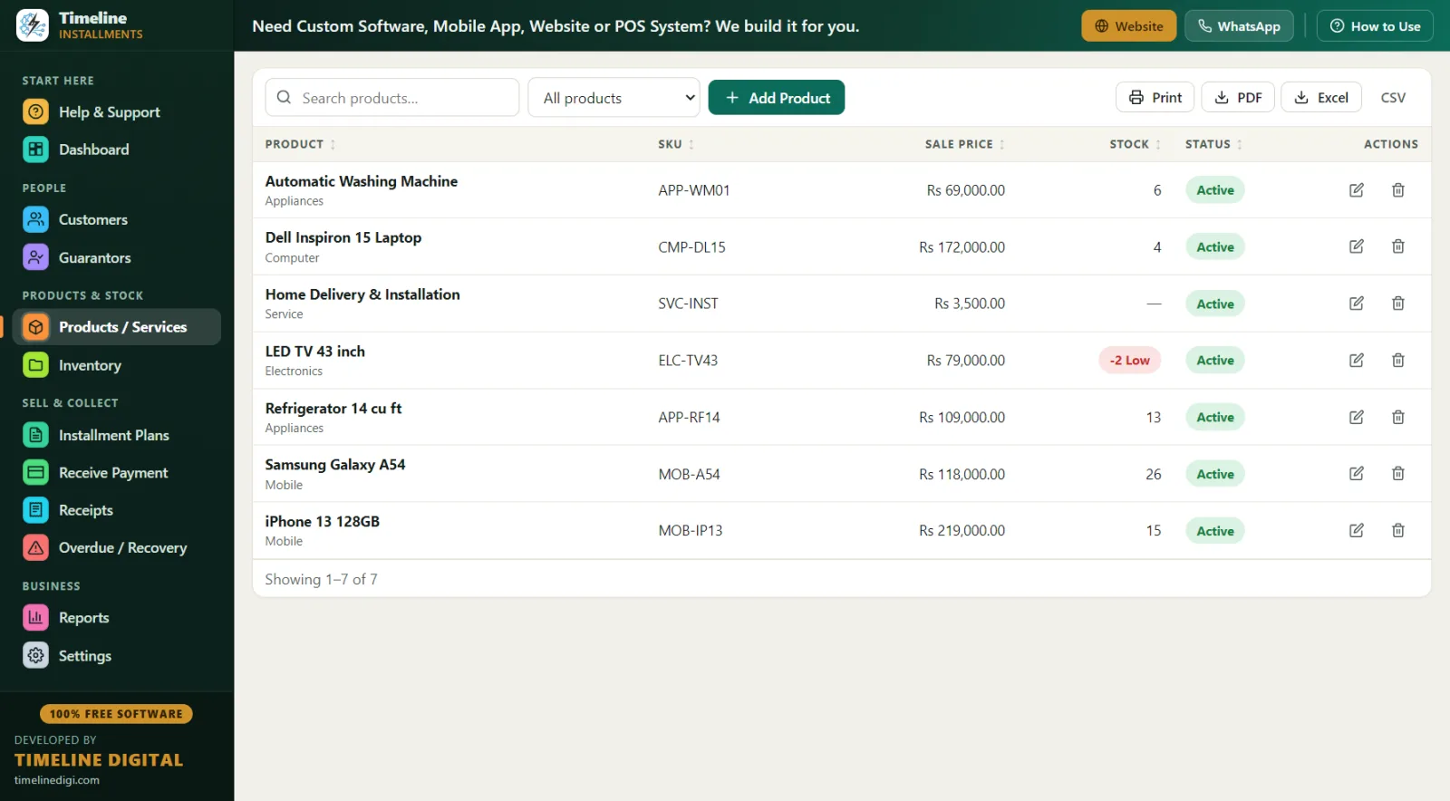Products and services screen showing furniture and appliance items with stock levels and low-stock alerts
