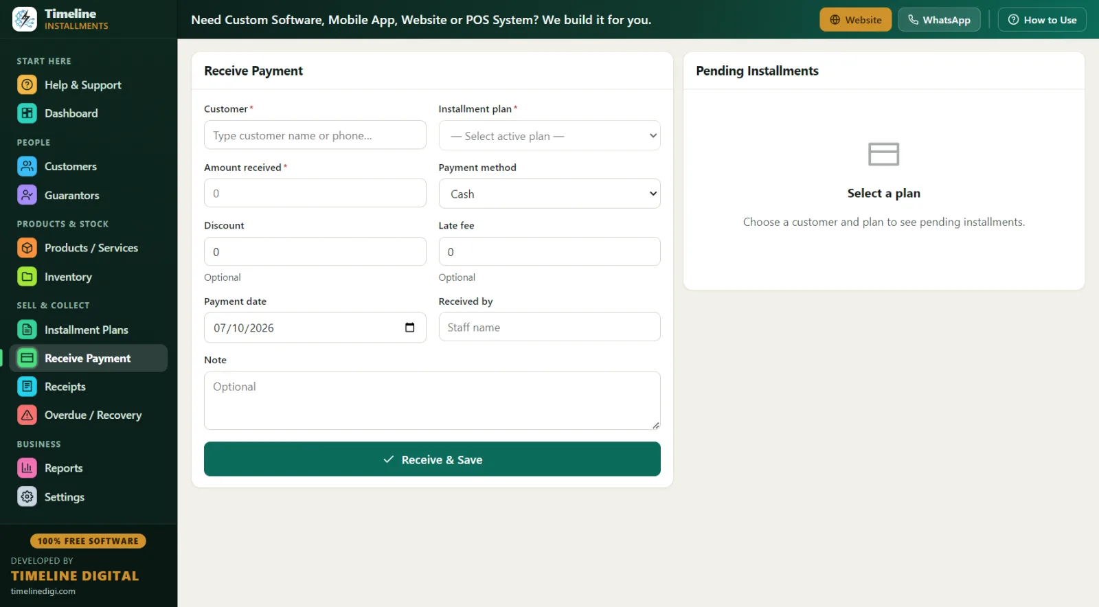 Receiving a KSh 5,000 M-Pesa installment recorded under online method in free installment software for Kenya