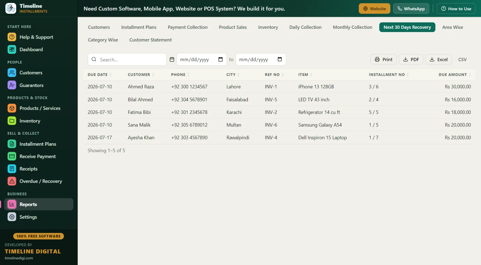 Next 30 days recovery report listing due dates, customers, phone numbers, city and amounts for a bike dealer