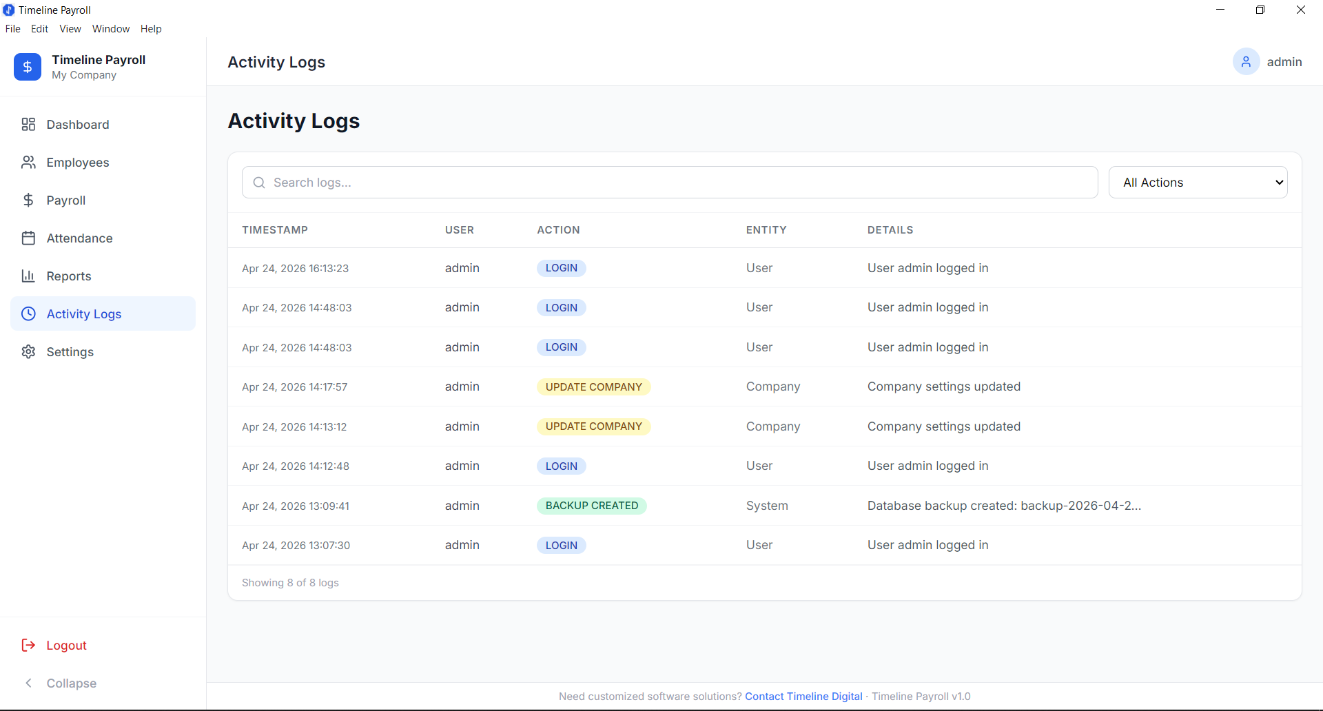 System Logs in Timeline Payroll