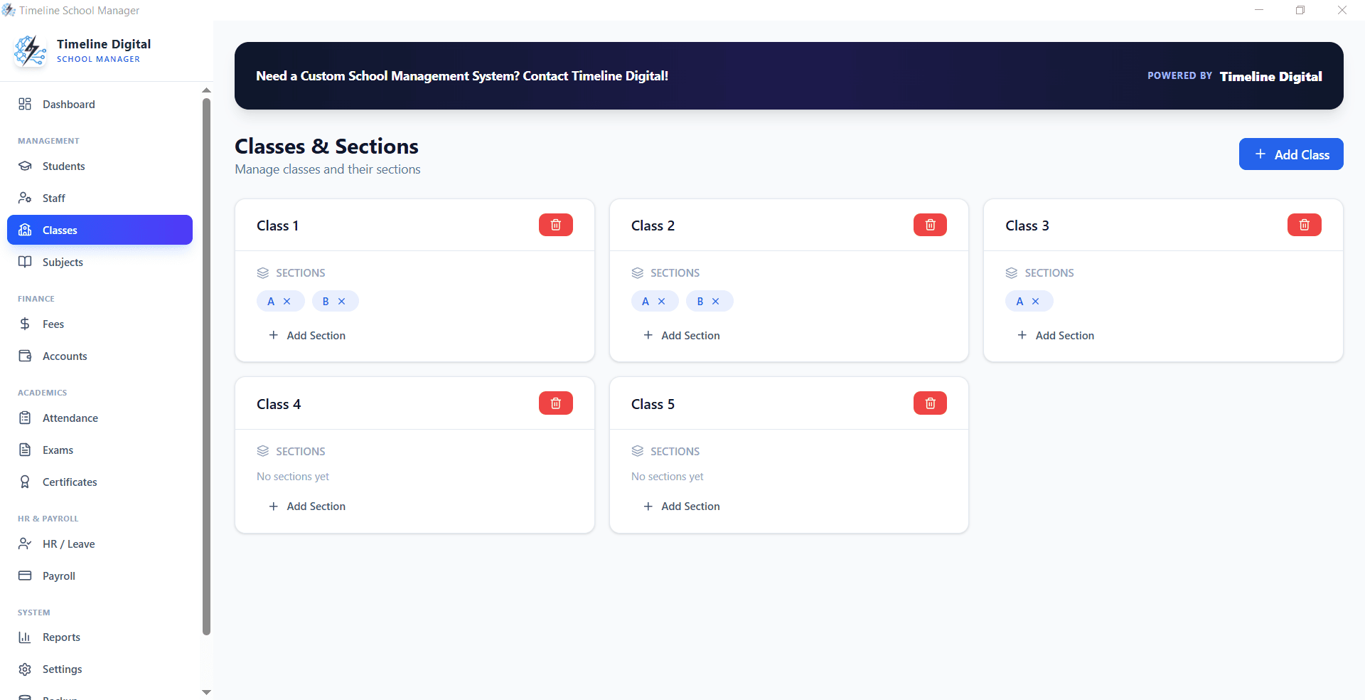 Class and section management in Timeline School Manager